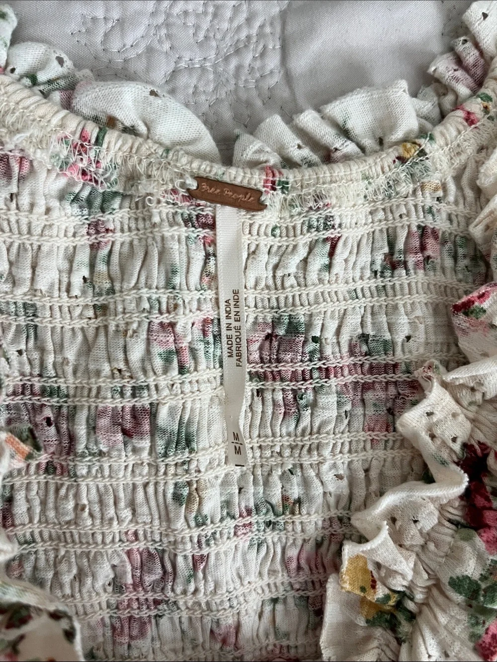 Free People Favorite Girl Smocked Floral Crop Top Cream Ruffle Shabby Chic M